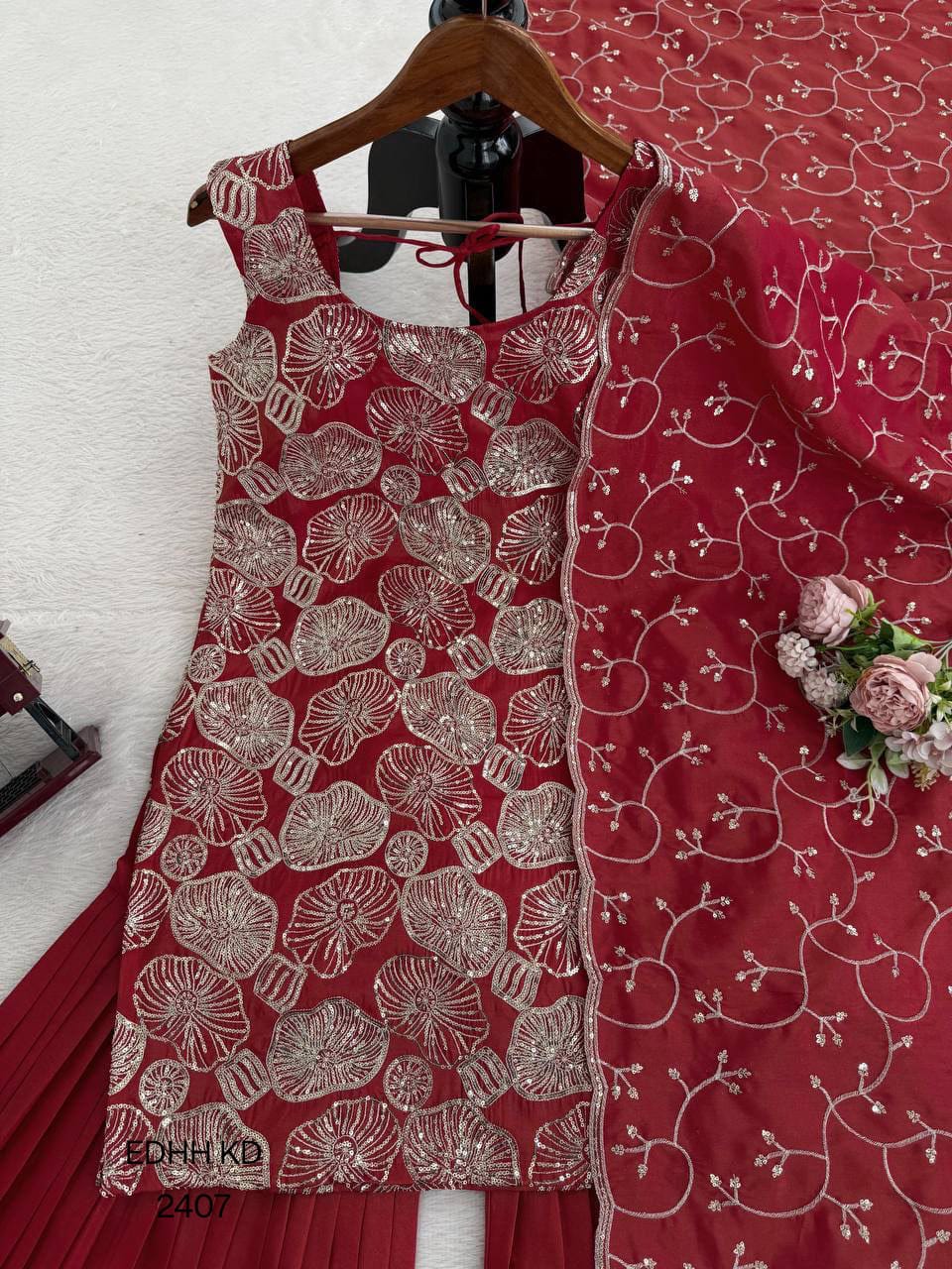 Rust Embroidered Simmer Silk Sharara Suit Set